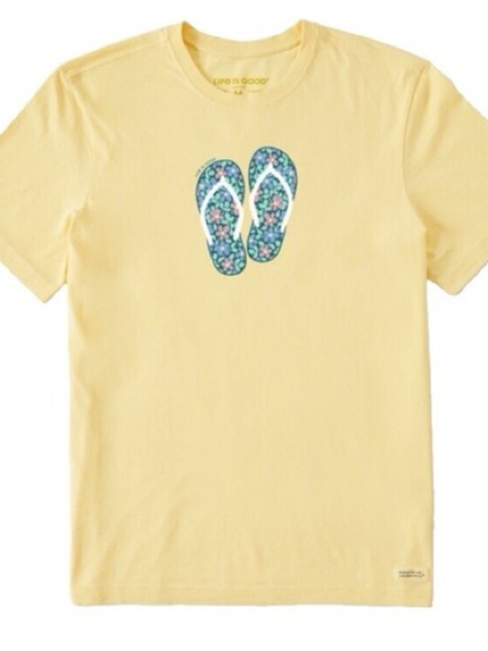 Life Is Good Yellow Short Sleeve Tee with Floral Flip-Flop Graphic